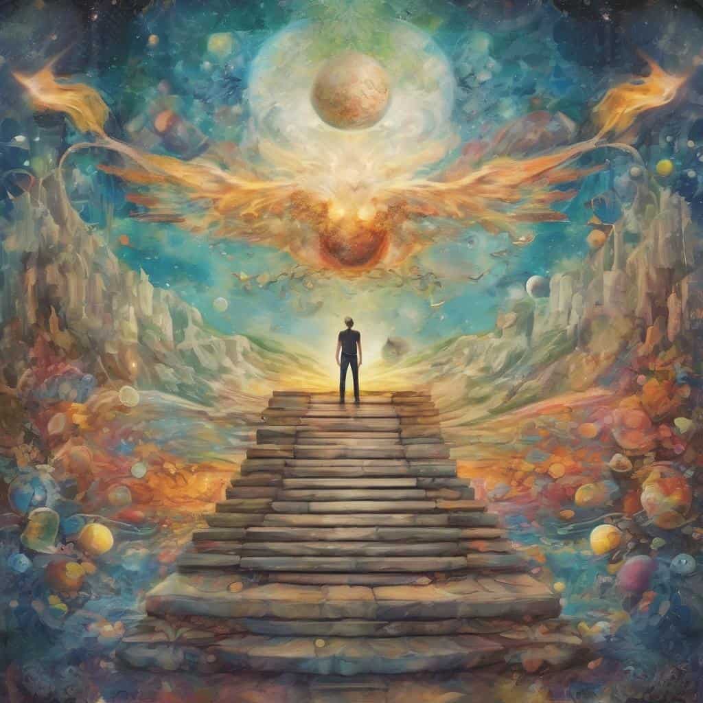 Αδιάκριτη έγχρωμη φανταστική τέχνη με ανθρώπινη φιγούρα σε ουράνια τοπία και μυστηριώδεις κόσμους, ενίσχυση της υποστήριξης και θετικής ενέργειας.