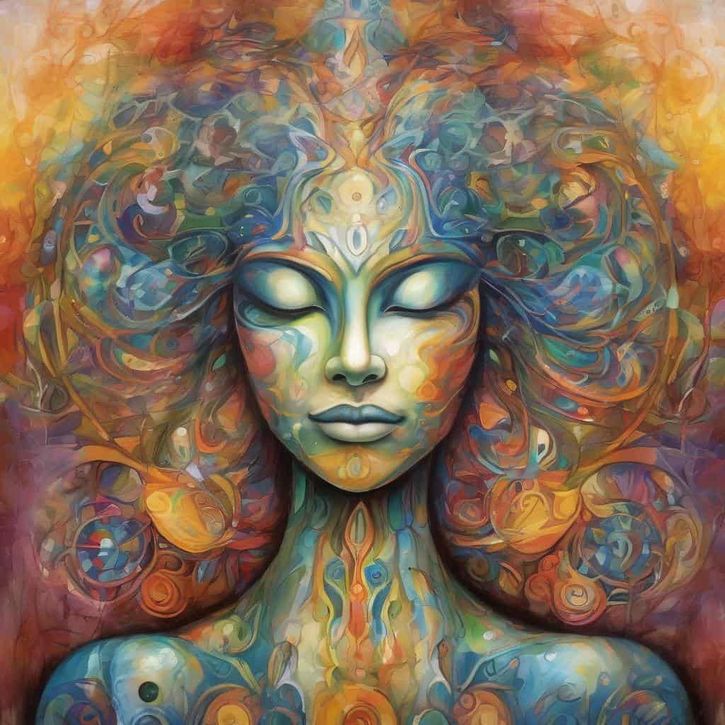 Γυναίκα με πολύχρωμη αφηρημένη τέχνη, προσωπική δύναμη και υποστήριξη.