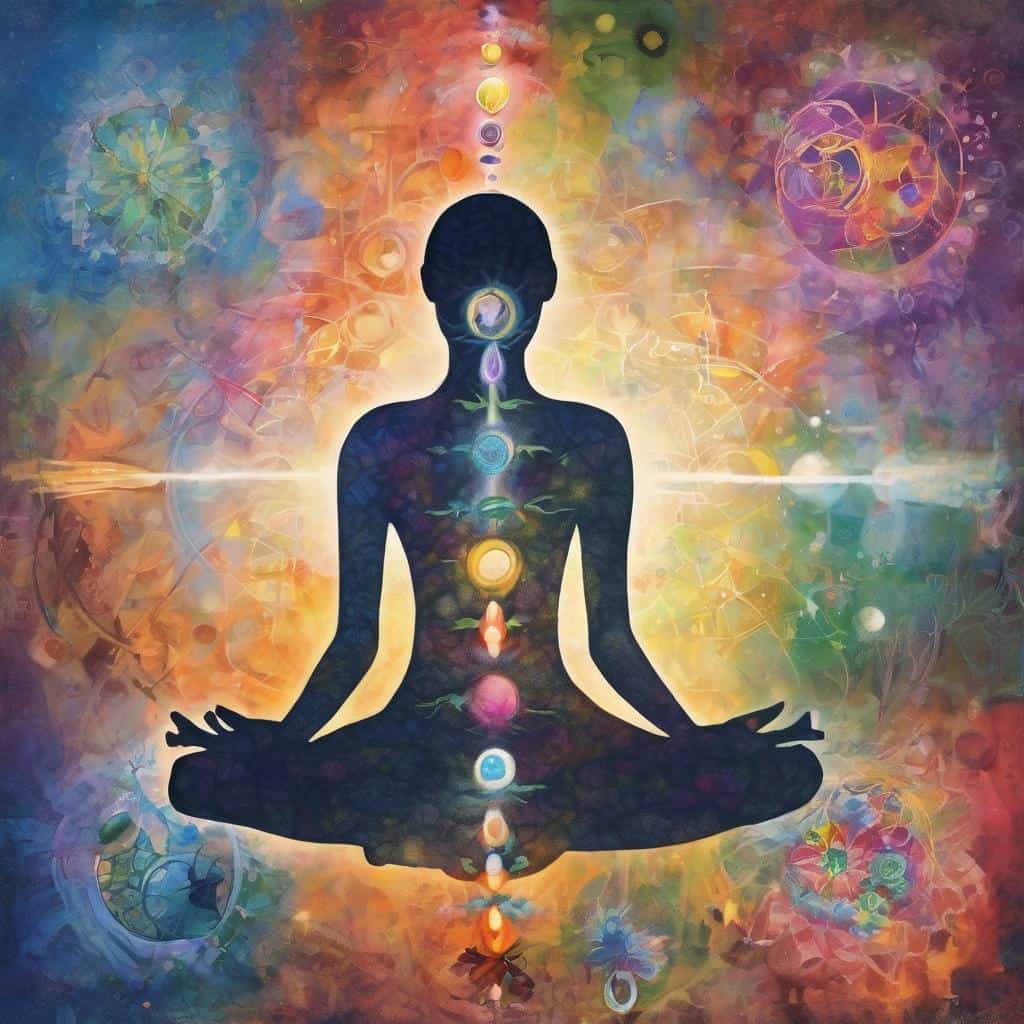 Διάσημο και πολύχρωμο διαλογιστικό ανθρώπινο σώμα και ενεργειακά κέντρα, λίμπα, τσάκρα και νοητικές πρακτικές, ευεξία και πνευματική υποστήριξη.