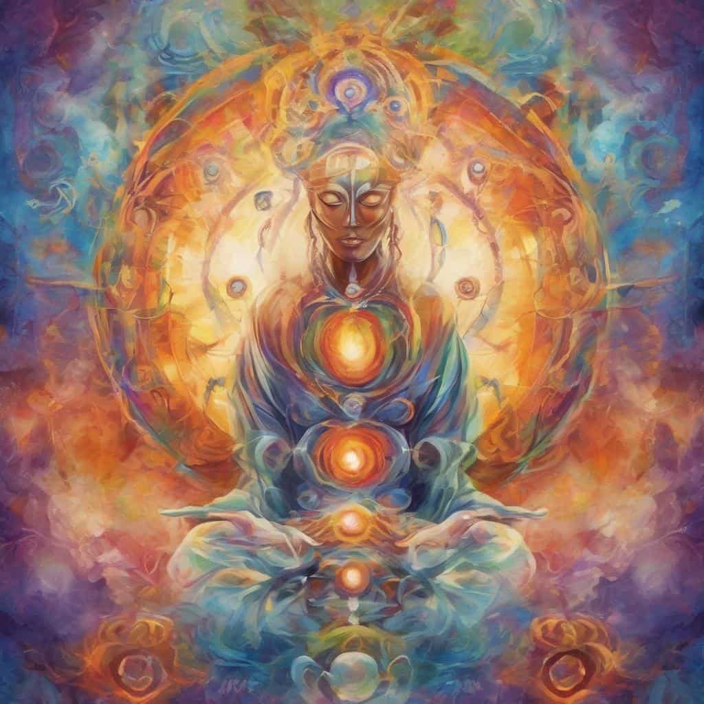 Φωτογραφία αφηρημένου πίνακα με πνευματικά σύμβολα και φωτεινές ενέργειες, που αντικατοπτρίζουν τη δύναμη της υποστήριξης και την εσωτερική ηρεμία.