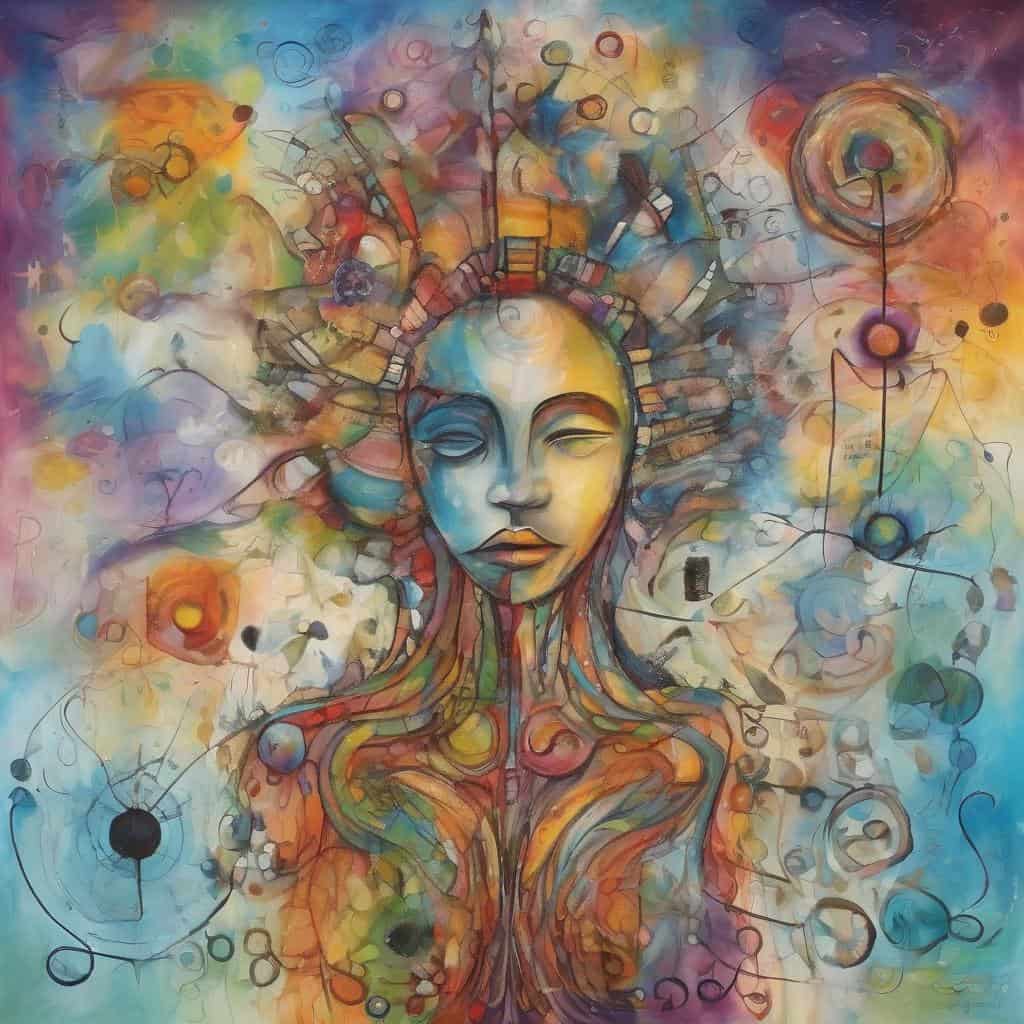 Πολύχρωμη αφηρημένη τέχνη με κεντρικό πρόσωπο γυναίκας, εκφράζοντας δύναμη και υποστήριξη.